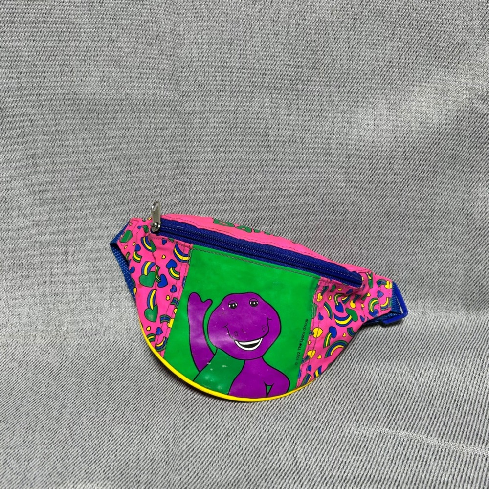 Barney Fanny Pack Kids OS Pink Vintage 1992 Lyons Group Waist Bag Rainbow Heart